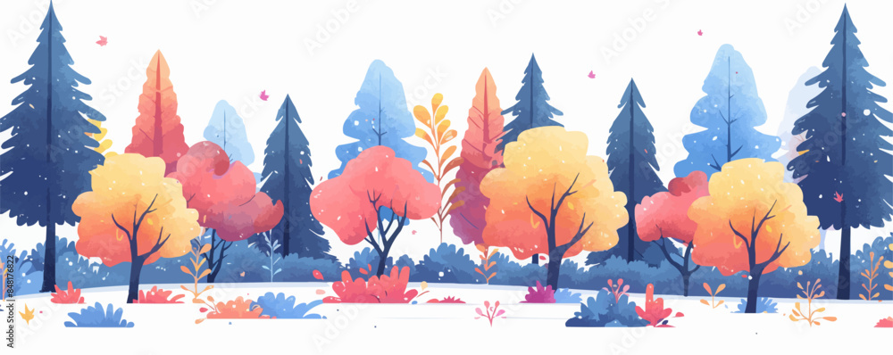 Poster background with trees spruces and bushes vector flat minimalistic isolated illustration