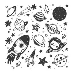 silhouette hand drawn cute outer space tools kawaii doodle collection set