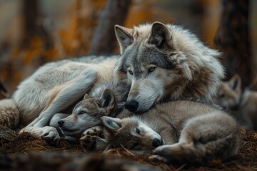 Obraz premium Mother wolf with her newborn cubs together, new life and family concept