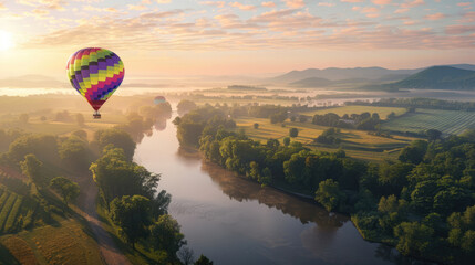 Fototapeta premium Colorful hot air balloon flying over green valley with road and mountain background at sunrise, bucket list lifestyle concept