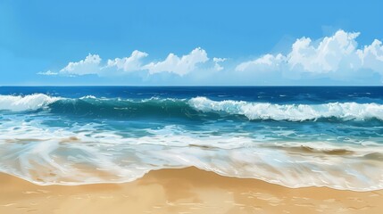 Create a serene beach background with golden sands and gentle waves under a clear blue sky.