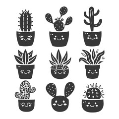 silhouette hand drawn cute plant kawaii doodle collection set