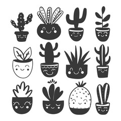 silhouette hand drawn cute plant kawaii doodle collection set