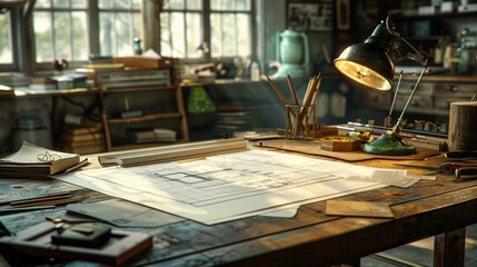 An architect's desk with blueprints and drafting tools.