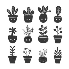 silhouette hand drawn cute plant kawaii doodle collection set