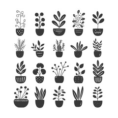 silhouette hand drawn cute plant kawaii doodle collection set