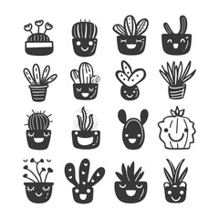 Fototapeta premium silhouette hand drawn cute plant kawaii doodle collection set
