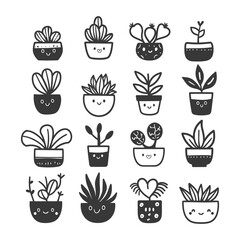 silhouette hand drawn cute plant kawaii doodle collection set