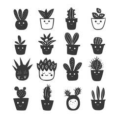 Fototapeta premium silhouette hand drawn cute plant kawaii doodle collection set