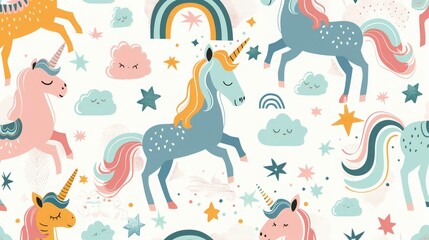 Fototapeta premium Create a whimsical pattern with unicorns, rainbows, and clouds in pastel colors.