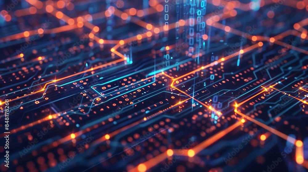 Poster create an image of a digital currency transaction taking place securely over a blockchain network.