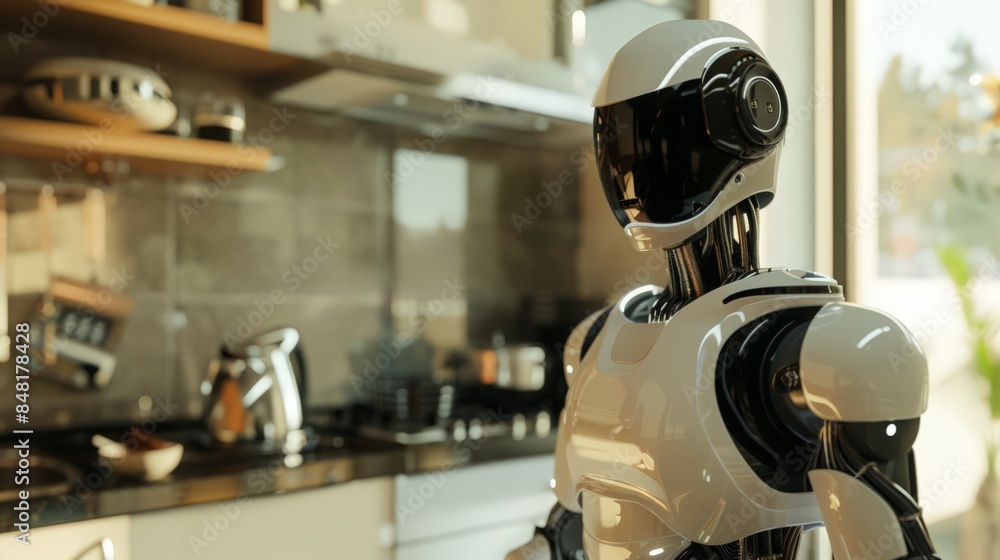Poster create an image of a humanoid robot assisting with household chores in a modern setting
