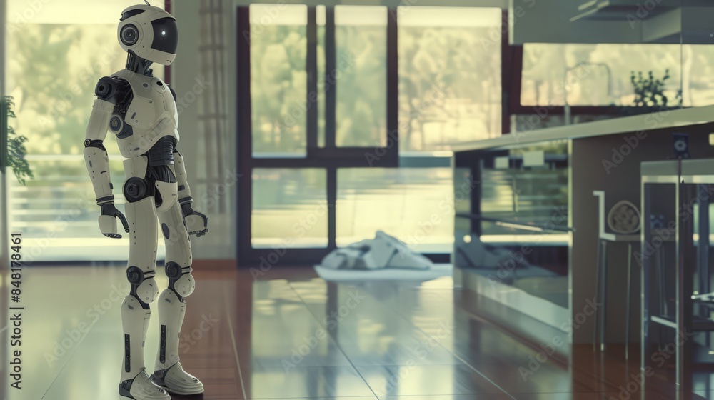 Poster create an image of a humanoid robot assisting with household chores in a modern setting