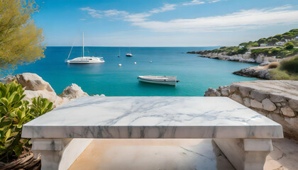 Obraz premium boats on the lake.An empty marble desk overlooking boats on a serene sea, with a vibrant Mediterranean beach scene in the background.