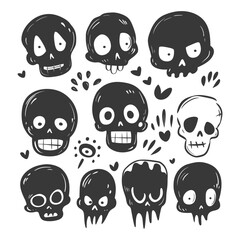 Obraz premium Cartoon Skull Collection: Playful Hand-Drawn Doodle Style, Black and White, Halloween Theme