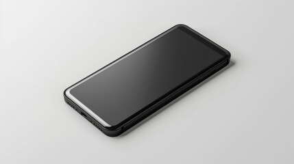 A black cell phone is laying on a white background