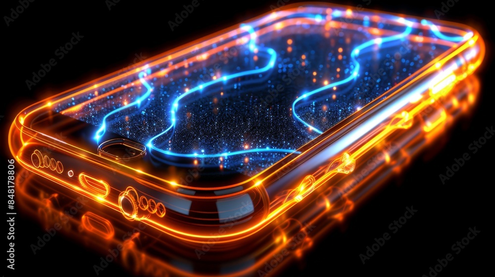 Poster x-ray scan of a smartphone compromised by malware, showing the hidden processes and data breaches.