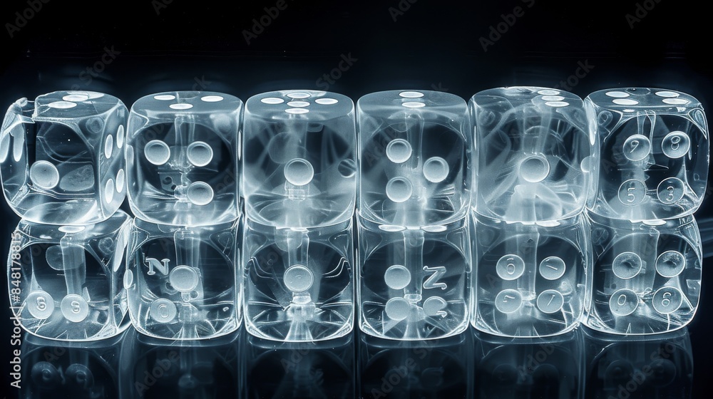 Poster X-ray scan of a set of dice, displaying the numbers and arrangement.