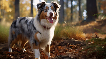 Australian Shepherd Dog Enjoying a Sunny Day in the Autumn Forest