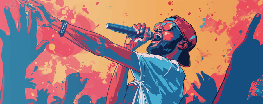 Rapper with a microphone at a street concert. Image of an artist interacting with the audience and performing his hits under the open sky. Vector flat minimalistic isolated illustration