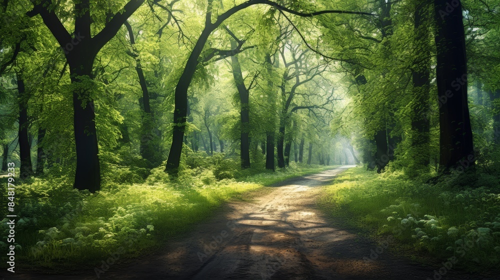 Poster serene forest path bathed in soft, dappled sunlight, with a vibrant green undergrowth and a mystical