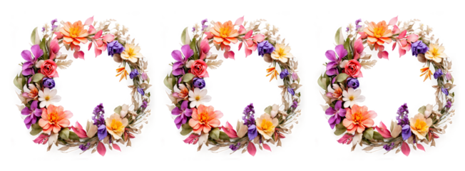 Flowers composition. Wreath made of various colorful flowers on transparent background. Easter, spring, summer concept. Flat lay, top view.