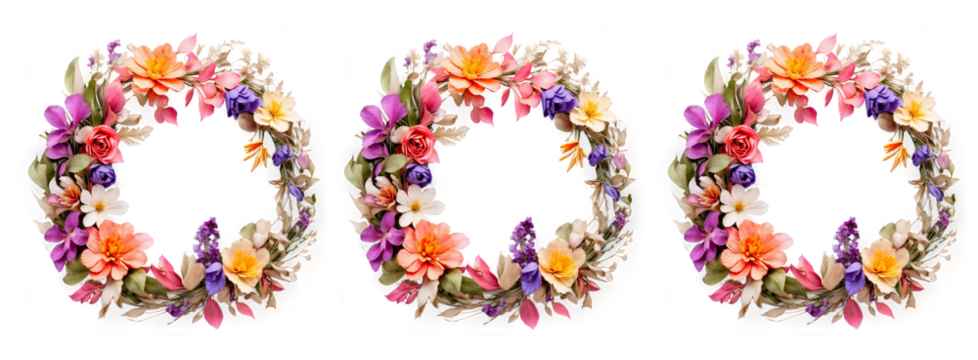Flowers composition. Wreath made of various colorful flowers on transparent background. Easter, spring, summer concept. Flat lay, top view.