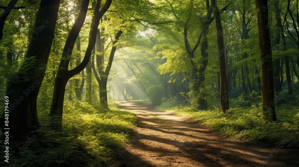Poster serene forest path bathed in soft, dappled sunlight, with a vibrant green undergrowth and a mystical