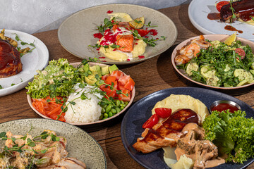 Food dishes for the menu Salads and appetizers,main courses and meat side dishes