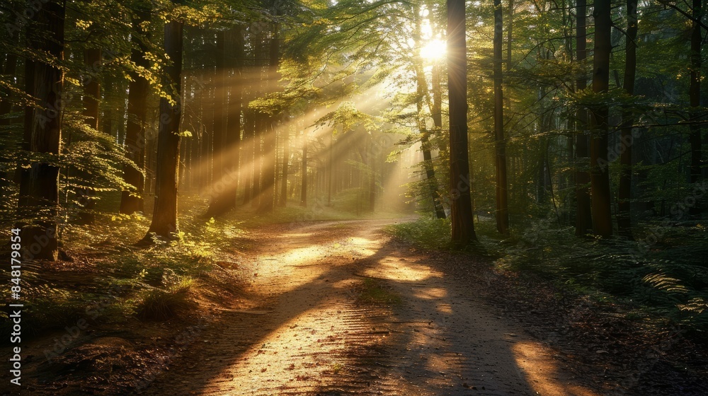 Poster sunbeam breaking through the forest canopy, creating a dappled effect on the forest floor and illuminating a winding path.