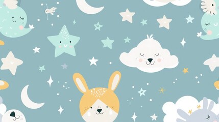 Design a whimsical pattern featuring cute animals, stars,