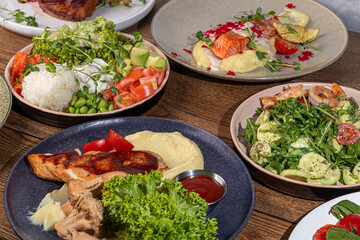 Food dishes for the menu Salads and appetizers,main courses and meat side dishes