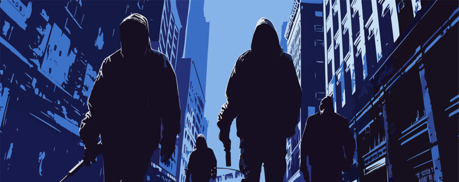 Street cyber gangs and cyber ninjas hiding in the shadows of ominous buildings and technogravitational tunnels. Vector flat minimalistic isolated illustration.