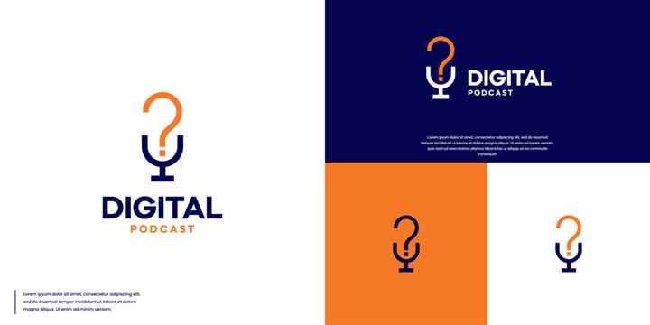 podcast logo with microphone and question mark combination, conversation, logo design vector.