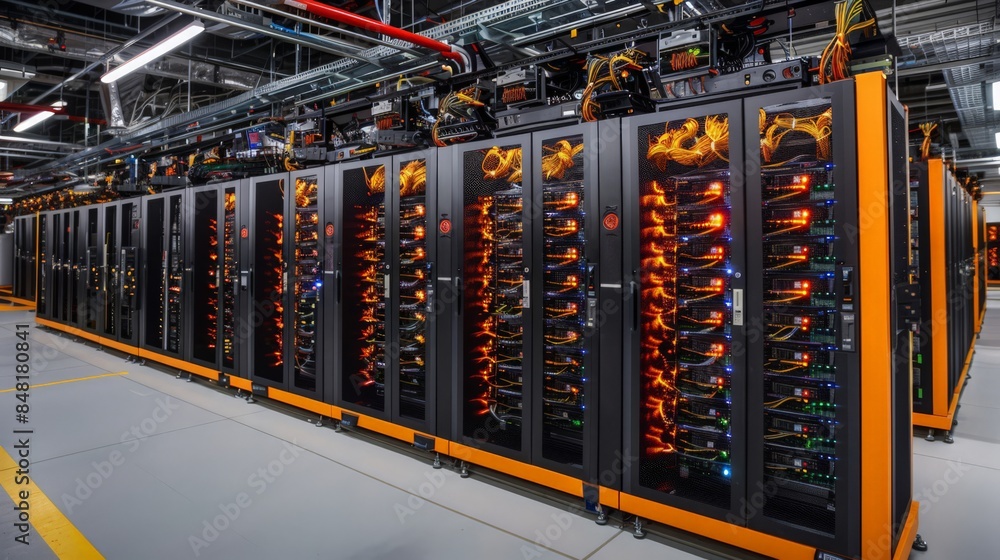 Poster design an image of a cutting-edge data center with rows of powerful servers.