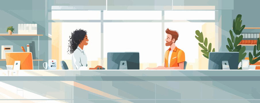 Happy receptionists cooperating while working on computer at hotel front desk. Vector flat minimalistic isolated
