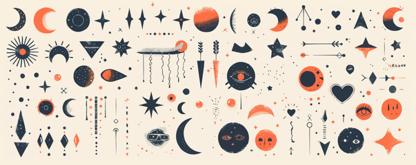 mega set in flat graphic design. Collection elements with abstract different types of spots, stars, moons, eyes, hearts, line texture, arrows, other. Vector flat minimalistic isolated