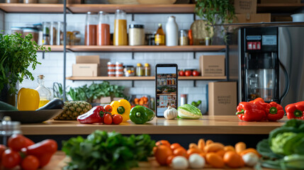 A smartphone displaying a grocery shopping app on a kitchen counter surrounded by fresh vegetables like bell peppers, garlic, and cabbage. Shelves with various grocery items are in the background.