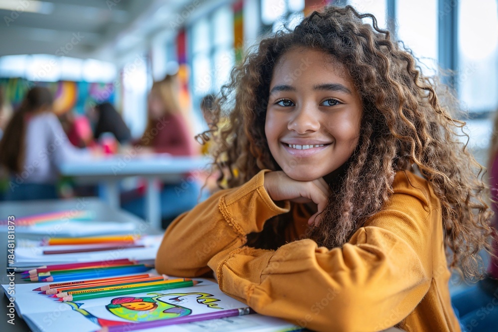 Wall mural high angle view of a smiling girl using crayons to draw on paper while sitting at a bench in a brigh