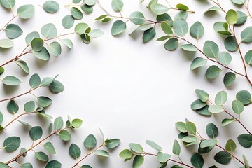 Frame of eucalyptus branches on white background for cards and invitations, eucalyptus, branches, green leaves