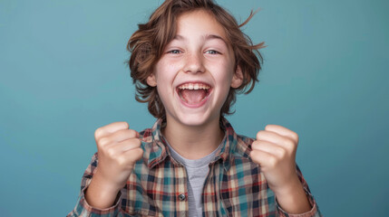 a Caucasian teenager showing excitement on a studio background