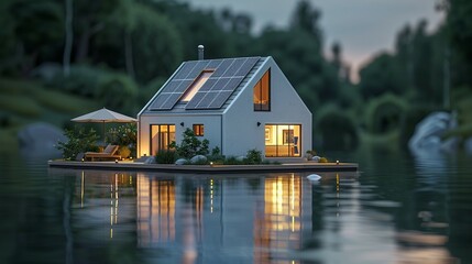 Obraz premium A small house with solar panels on the roof, situated near water and surrounded by trees
