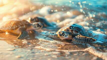 Two sea turtles crawling toward the ocean on a sandy beach with gentle waves glistening under the sunlight.