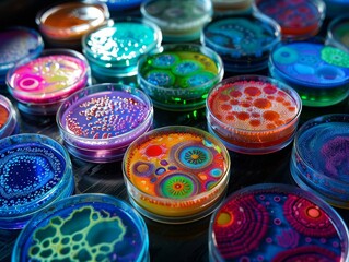 Petri dishes display vibrant, colorful bacterial colonies with intricate patterns, set against a dark background for striking contrast