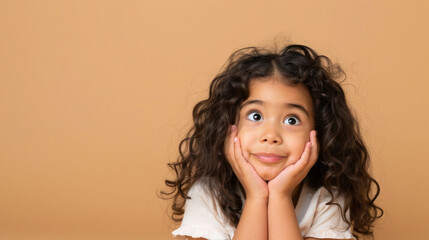 a Hispanic girl showing curiosity on a beige studio background