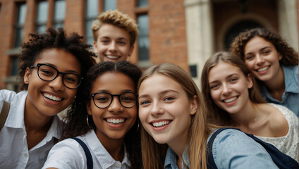 Obraz premium Funny high school friends students making selfies back to school concept, first study day, Generative AI