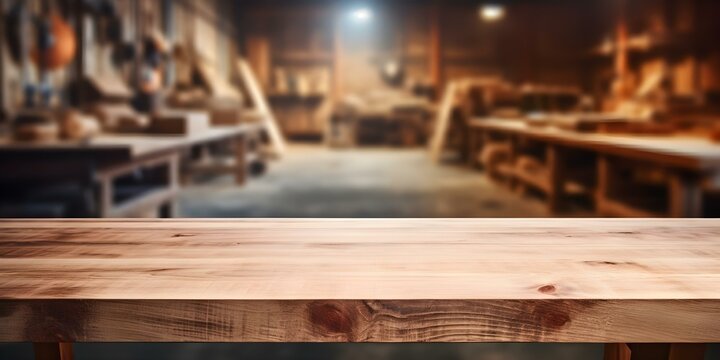 Wooden countertop in workshop setting for woodworking DIY and carpentry events. Concept Woodworking Workshops, Carpentry Events, Wooden Countertop, DIY Projects, Workshop Setting