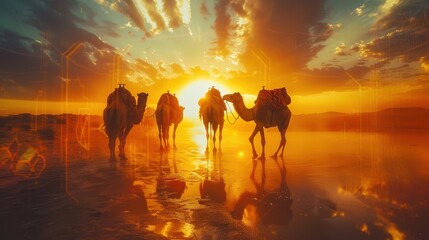 Fototapeta premium Sunset silhouette of a camel caravan trekking through a desert landscape, reflecting off the shimmering sand.