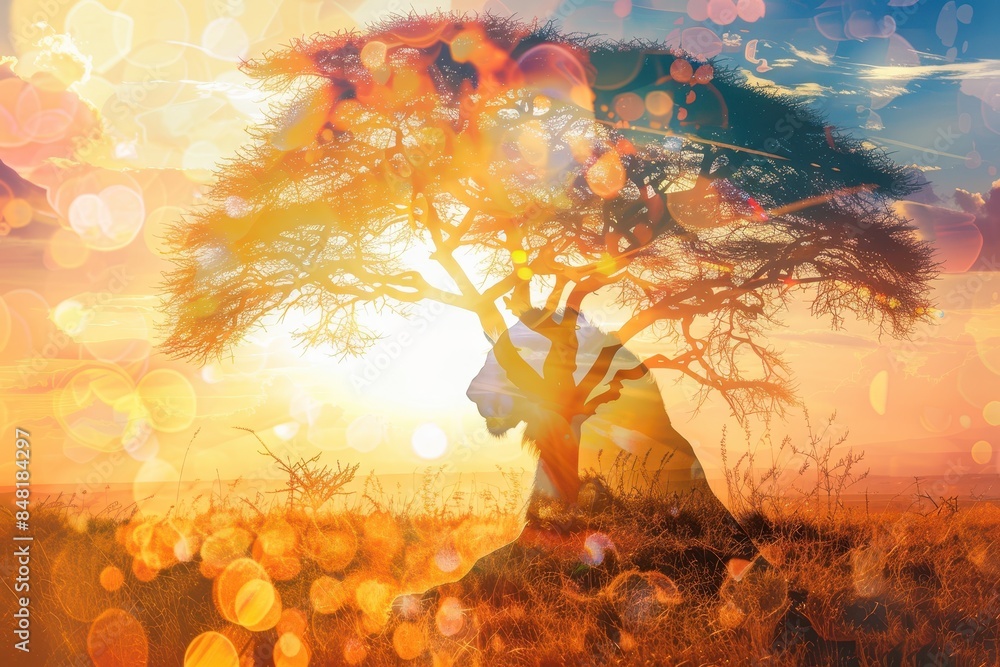 Aufkleber abstract image of a tree and sunset double exposure with colorful bokeh lights, capturing nature and