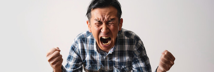 a Japanese man expressing frustration on a studio background